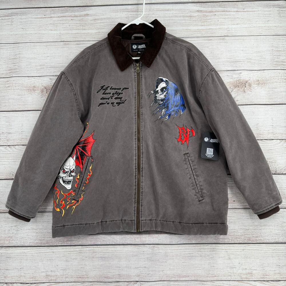 Broken Promises Poetry Skulls Work Jacket Mens‎ XL Gray Brown Cord Collar NEW